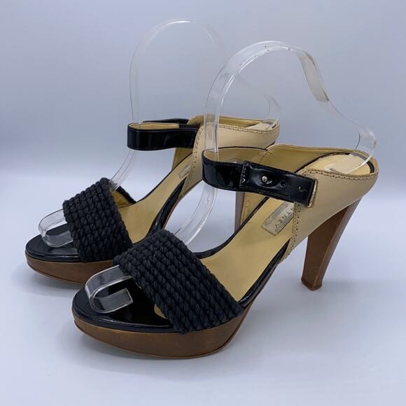 Stella McCartney Black & Tan Woven Platform Sandals 36 Wooden Heel Ankle Straps - Picture 3 of 12